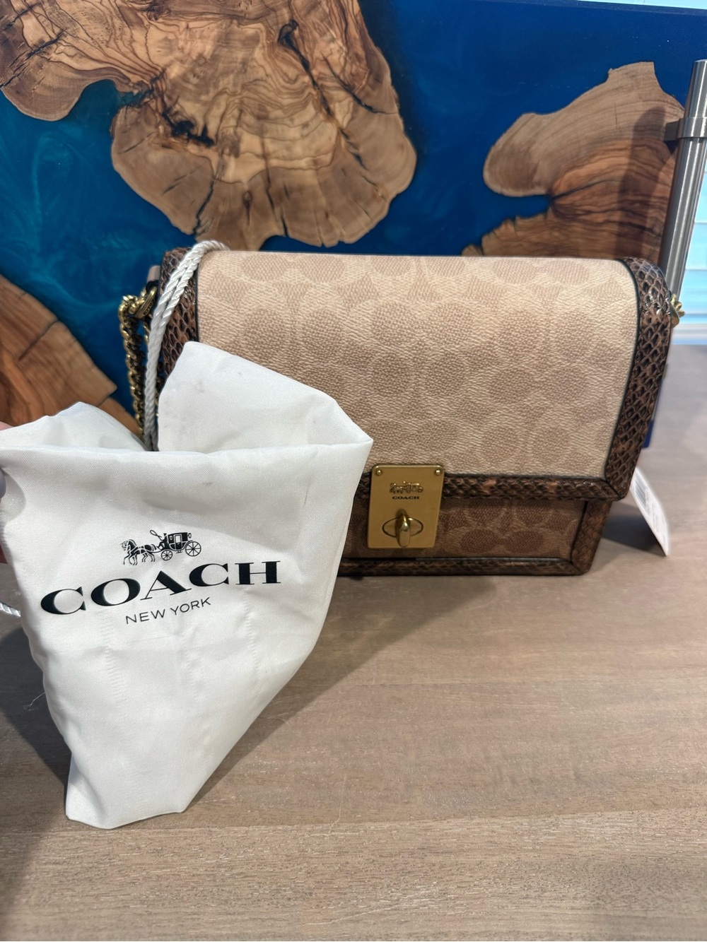 Coach Beige and Brown Signature Chain Crossbody Bag with Gold Hardware - Picture 2 of 10